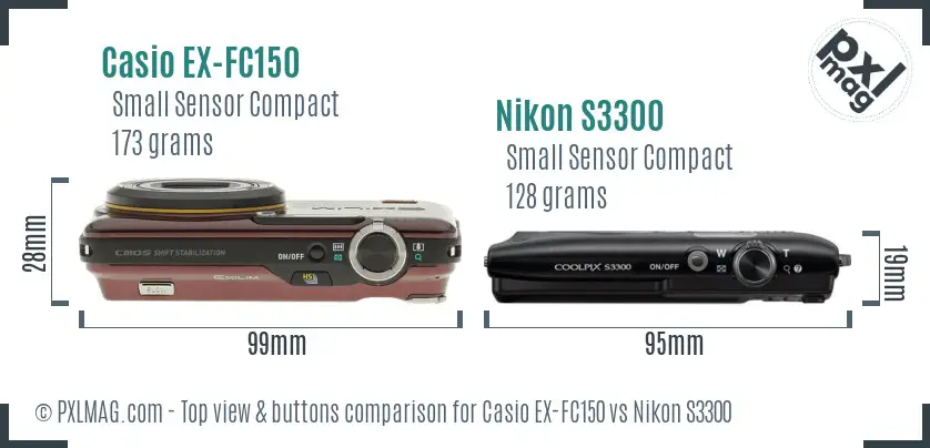 Casio EX-FC150 vs Nikon S3300 top view buttons comparison Casio EX-FC150 vs Nikon S3300 top view buttons comparison