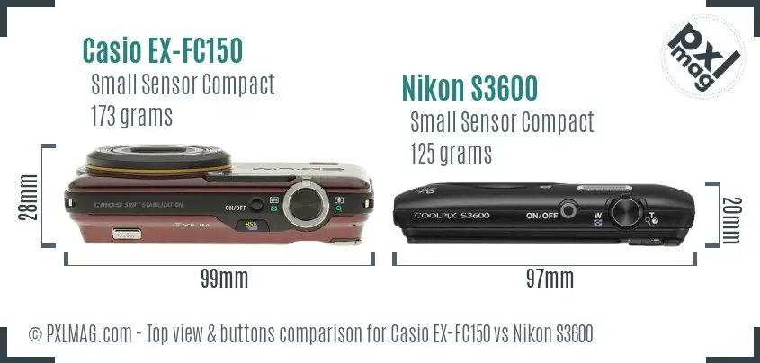 Casio EX-FC150 vs Nikon S3600 top view buttons comparison Casio EX-FC150 vs Nikon S3600 top view buttons comparison