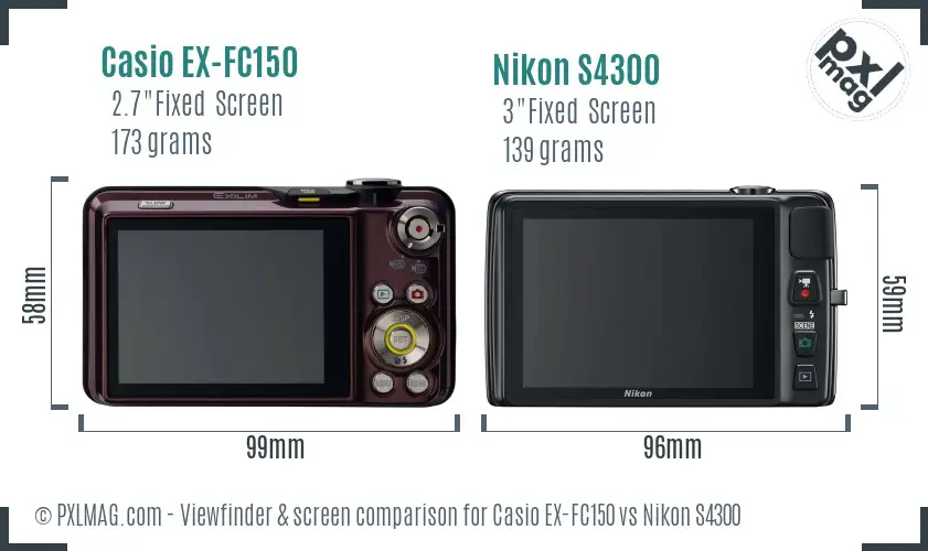 Casio EX-FC150 vs Nikon S4300 Screen and Viewfinder comparison