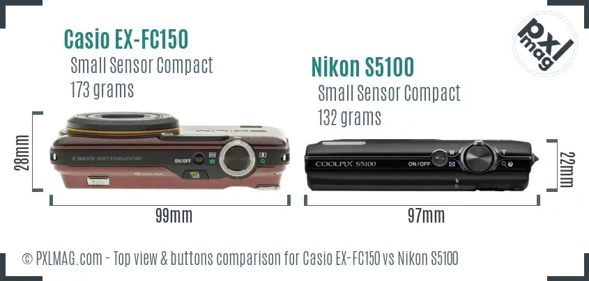 Casio EX-FC150 vs Nikon S5100 top view buttons comparison Casio EX-FC150 vs Nikon S5100 top view buttons comparison