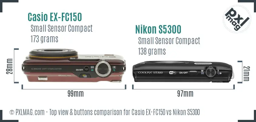 Casio EX-FC150 vs Nikon S5300 top view buttons comparison Casio EX-FC150 vs Nikon S5300 top view buttons comparison
