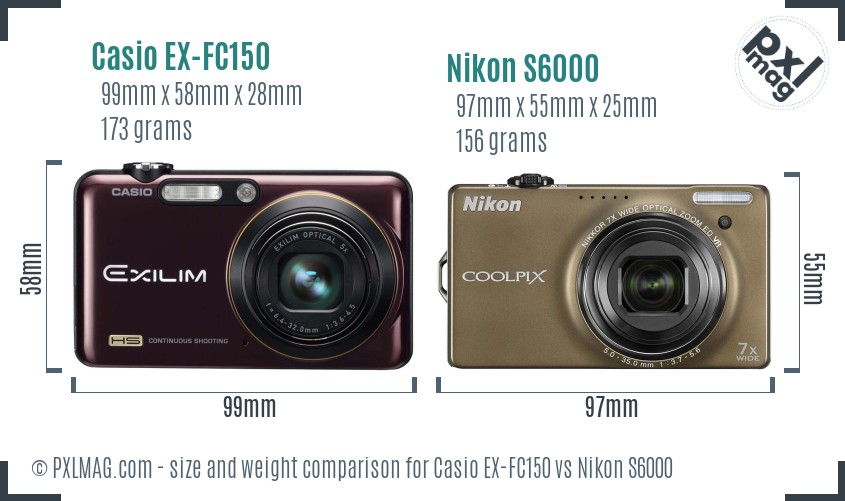 Casio EX-FC150 vs Nikon S6000 size comparison