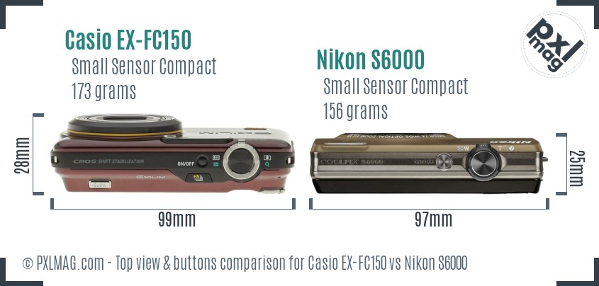 Casio EX-FC150 vs Nikon S6000 top view buttons comparison