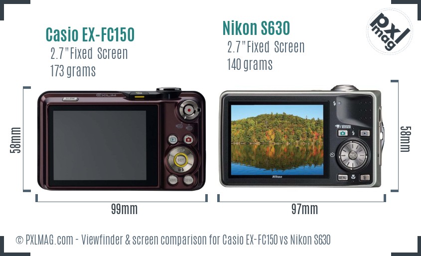 Casio EX-FC150 vs Nikon S630 Screen and Viewfinder comparison
