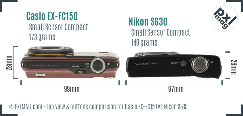 Casio EX-FC150 vs Nikon S630 top view buttons comparison