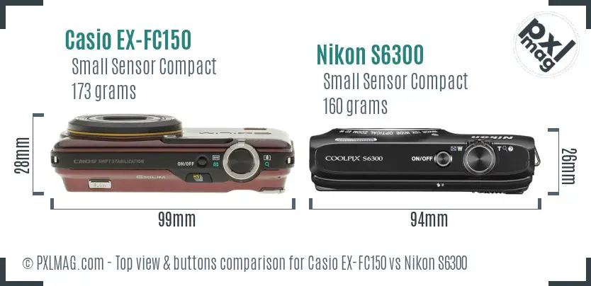 Casio EX-FC150 vs Nikon S6300 top view buttons comparison Casio EX-FC150 vs Nikon S6300 top view buttons comparison