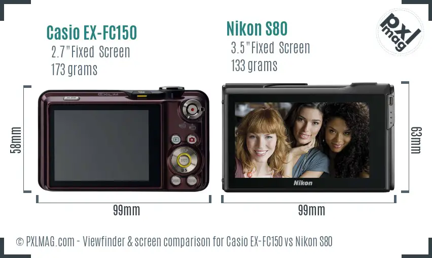 Casio EX-FC150 vs Nikon S80 Screen and Viewfinder comparison