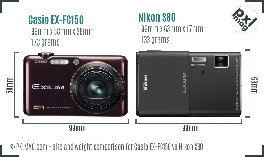 Casio EX-FC150 vs Nikon S80 size comparison