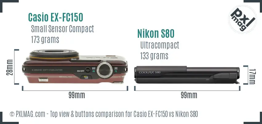 Casio EX-FC150 vs Nikon S80 top view buttons comparison