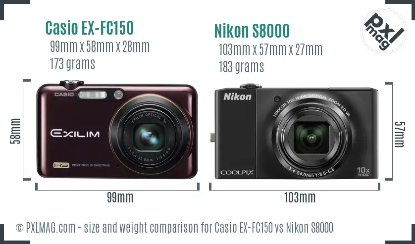 Casio EX-FC150 vs Nikon S8000 size comparison