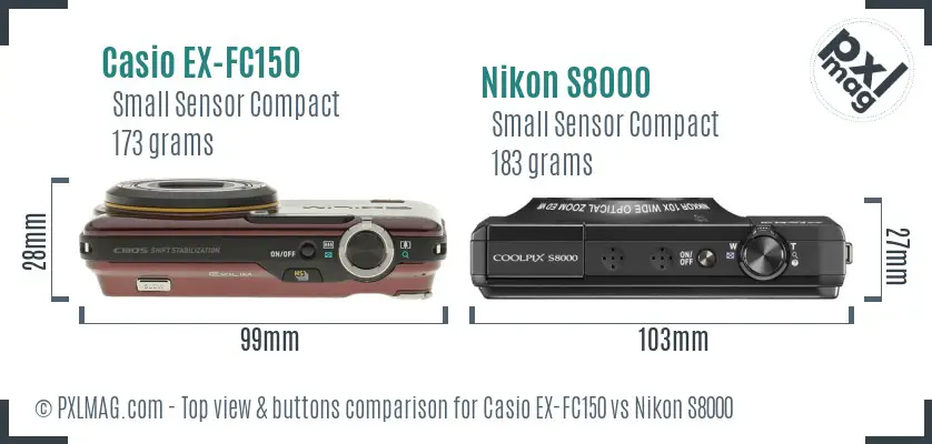 Casio EX-FC150 vs Nikon S8000 top view buttons comparison