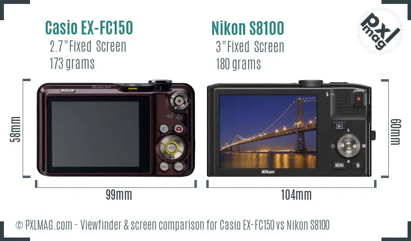 Casio EX-FC150 vs Nikon S8100 Screen and Viewfinder comparison