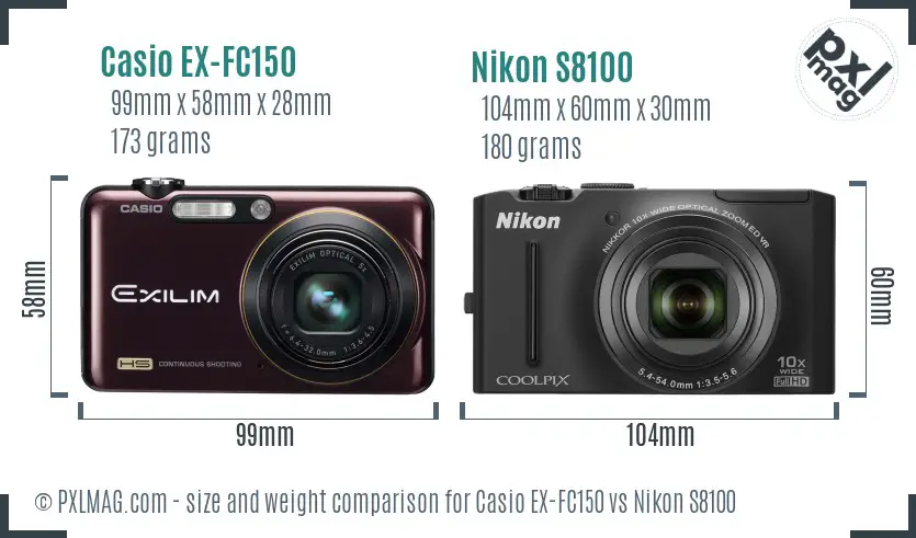 Casio EX-FC150 vs Nikon S8100 size comparison