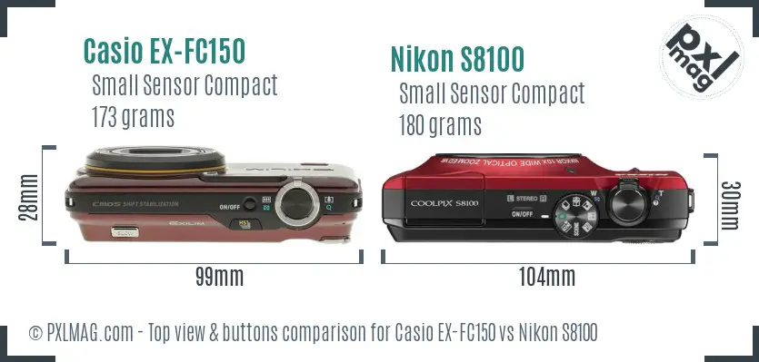 Casio EX-FC150 vs Nikon S8100 top view buttons comparison