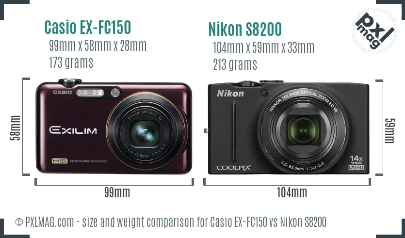 Casio EX-FC150 vs Nikon S8200 size comparison Casio EX-FC150 vs Nikon S8200 size comparison
