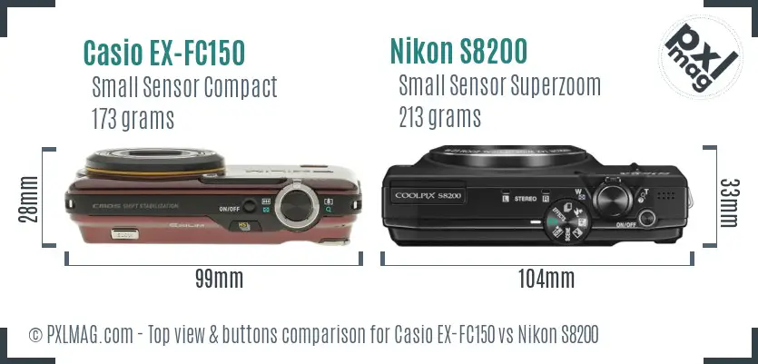 Casio EX-FC150 vs Nikon S8200 top view buttons comparison Casio EX-FC150 vs Nikon S8200 top view buttons comparison