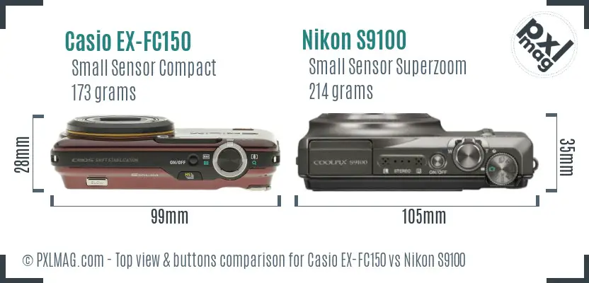 Casio EX-FC150 vs Nikon S9100 top view buttons comparison