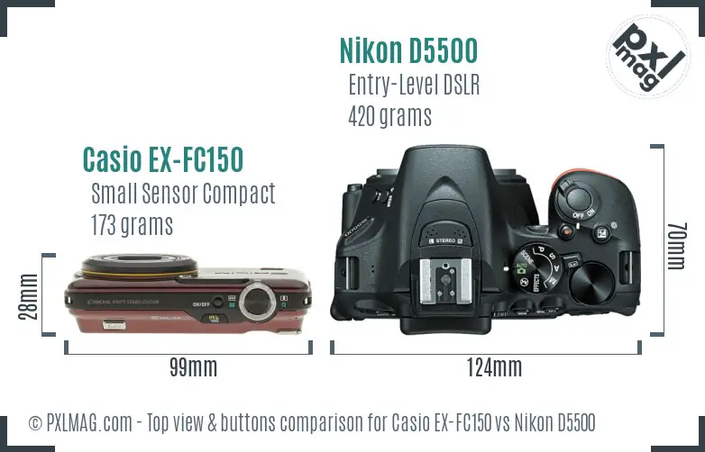 Casio EX-FC150 vs Nikon D5500 top view buttons comparison Casio EX-FC150 vs Nikon D5500 top view buttons comparison
