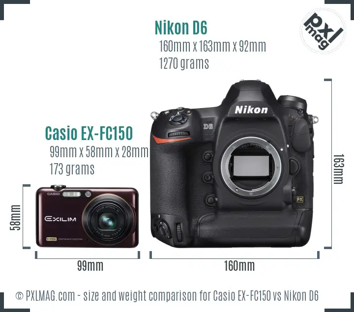 Casio EX-FC150 vs Nikon D6 size comparison