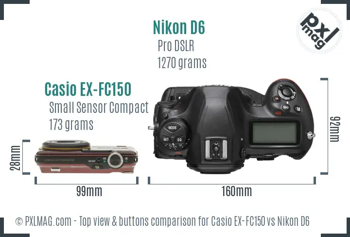 Casio EX-FC150 vs Nikon D6 top view buttons comparison