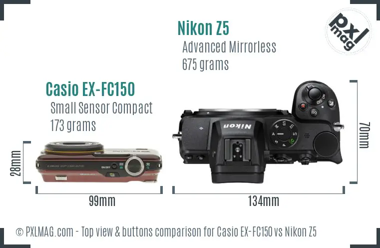 Casio EX-FC150 vs Nikon Z5 top view buttons comparison Casio EX-FC150 vs Nikon Z5 top view buttons comparison