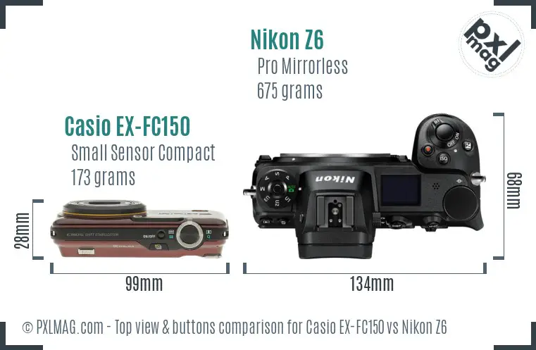 Casio EX-FC150 vs Nikon Z6 top view buttons comparison Casio EX-FC150 vs Nikon Z6 top view buttons comparison