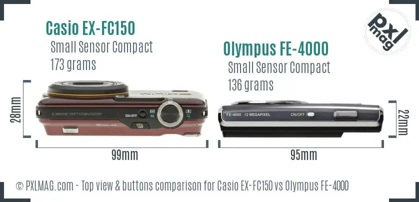 Casio EX-FC150 vs Olympus FE-4000 top view buttons comparison Casio EX-FC150 vs Olympus FE-4000 top view buttons comparison