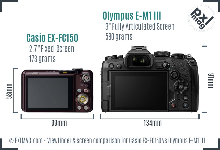 Casio EX-FC150 vs Olympus E-M1 III Screen and Viewfinder comparison