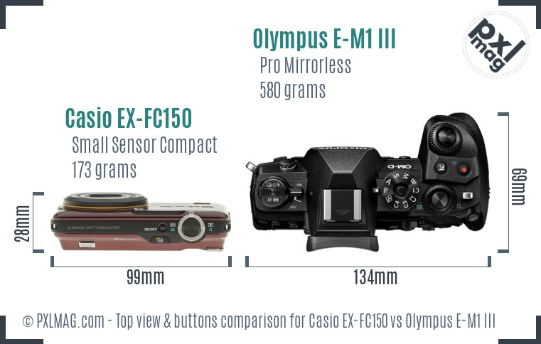 Casio EX-FC150 vs Olympus E-M1 III top view buttons comparison