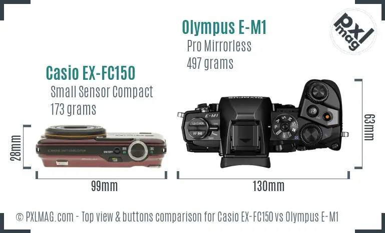 Casio EX-FC150 vs Olympus E-M1 top view buttons comparison Casio EX-FC150 vs Olympus E-M1 top view buttons comparison