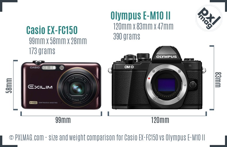 Casio EX-FC150 vs Olympus E-M10 II size comparison Casio EX-FC150 vs Olympus E-M10 II size comparison