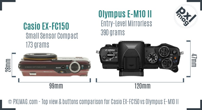 Casio EX-FC150 vs Olympus E-M10 II top view buttons comparison