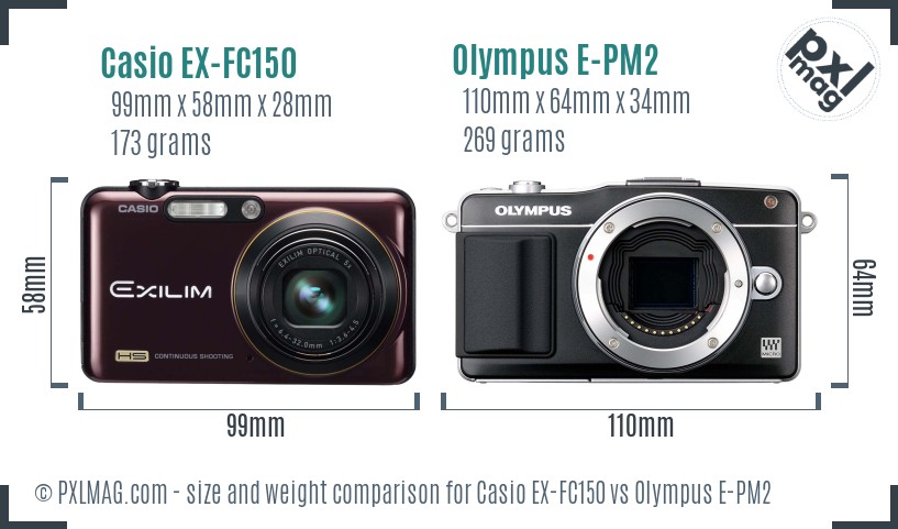 Casio EX-FC150 vs Olympus E-PM2 size comparison