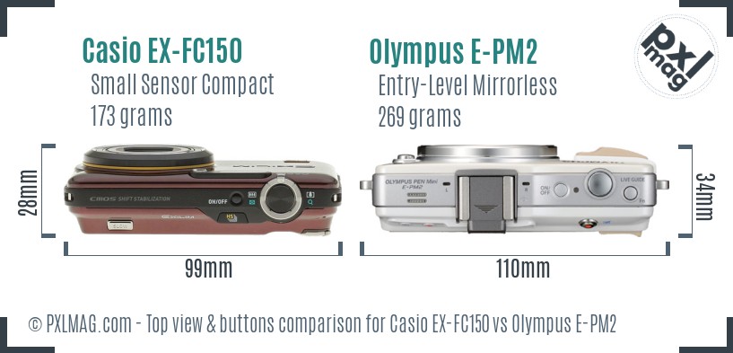 Casio EX-FC150 vs Olympus E-PM2 top view buttons comparison