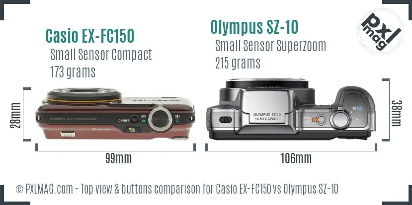Casio EX-FC150 vs Olympus SZ-10 top view buttons comparison Casio EX-FC150 vs Olympus SZ-10 top view buttons comparison