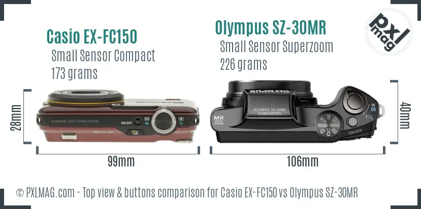 Casio EX-FC150 vs Olympus SZ-30MR top view buttons comparison Casio EX-FC150 vs Olympus SZ-30MR top view buttons comparison