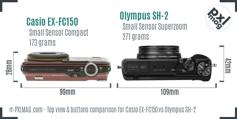 Casio EX-FC150 vs Olympus SH-2 top view buttons comparison Casio EX-FC150 vs Olympus SH-2 top view buttons comparison
