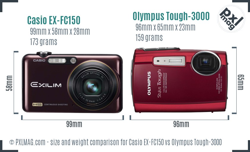 Casio EX-FC150 vs Olympus Tough-3000 size comparison