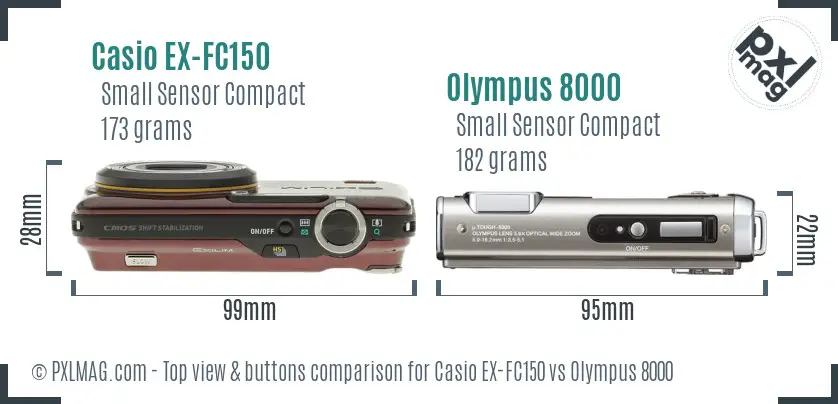Casio EX-FC150 vs Olympus 8000 top view buttons comparison Casio EX-FC150 vs Olympus 8000 top view buttons comparison