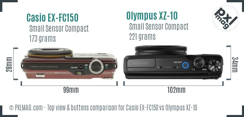 Casio EX-FC150 vs Olympus XZ-10 top view buttons comparison Casio EX-FC150 vs Olympus XZ-10 top view buttons comparison