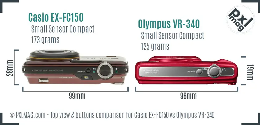 Casio EX-FC150 vs Olympus VR-340 top view buttons comparison Casio EX-FC150 vs Olympus VR-340 top view buttons comparison