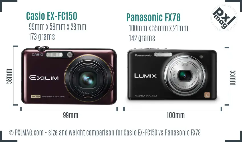 Casio EX-FC150 vs Panasonic FX78 size comparison