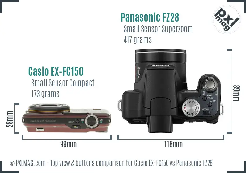 Casio EX-FC150 vs Panasonic FZ28 top view buttons comparison Casio EX-FC150 vs Panasonic FZ28 top view buttons comparison