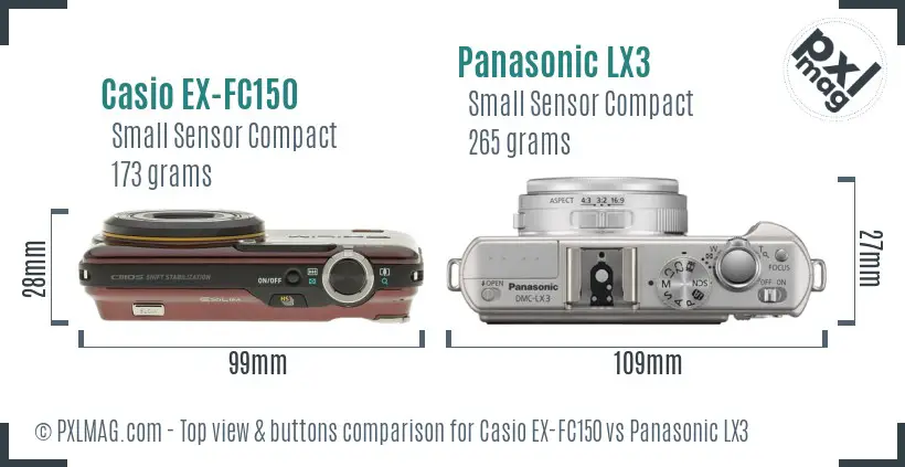 Casio EX-FC150 vs Panasonic LX3 top view buttons comparison
