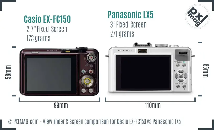 Casio EX-FC150 vs Panasonic LX5 Screen and Viewfinder comparison