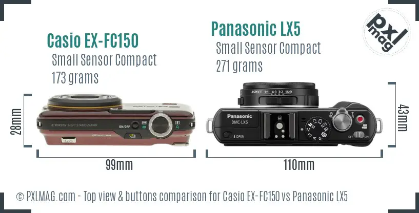 Casio EX-FC150 vs Panasonic LX5 top view buttons comparison