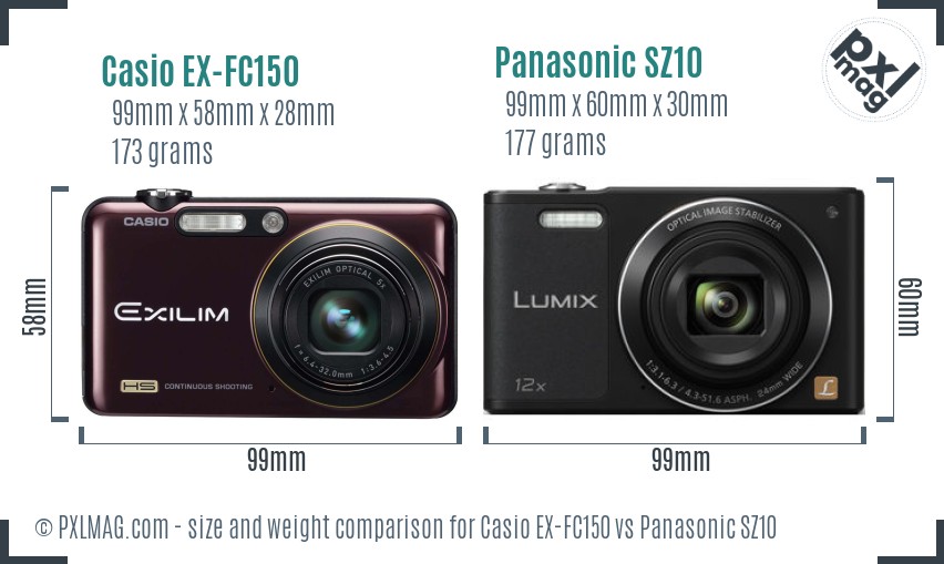 Casio EX-FC150 vs Panasonic SZ10 size comparison