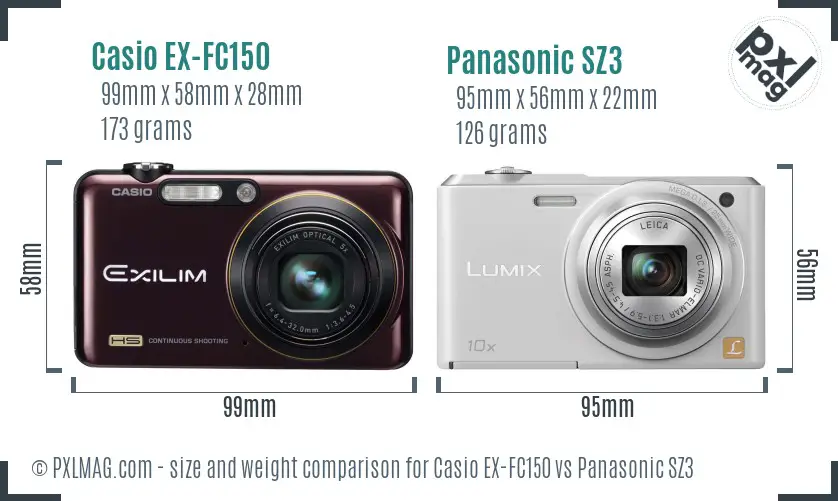 Casio EX-FC150 vs Panasonic SZ3 size comparison