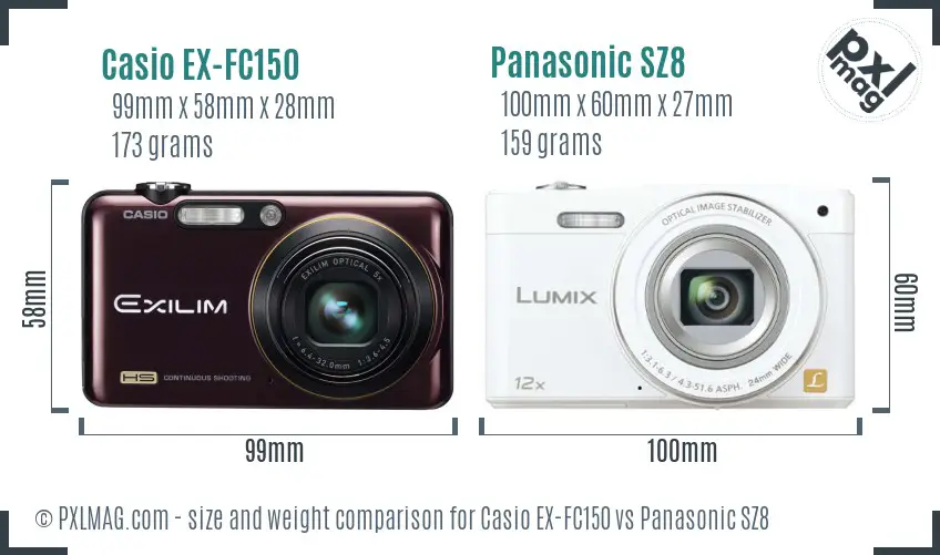 Casio EX-FC150 vs Panasonic SZ8 size comparison