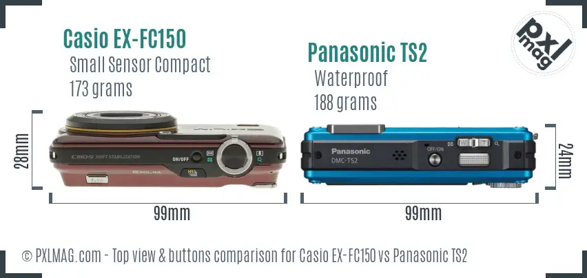 Casio EX-FC150 vs Panasonic TS2 top view buttons comparison Casio EX-FC150 vs Panasonic TS2 top view buttons comparison